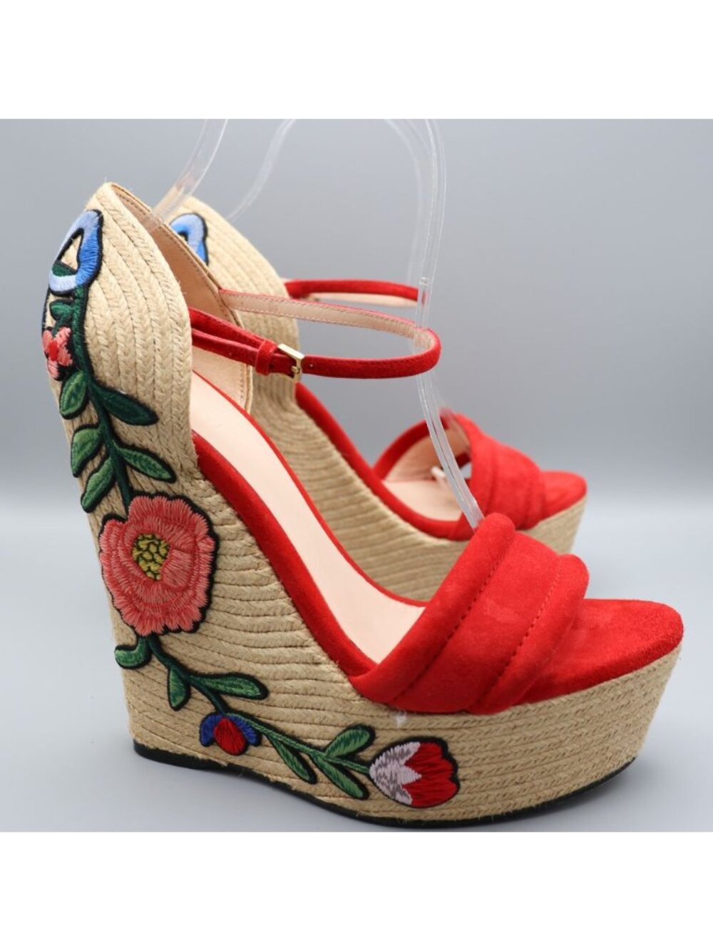 Gucci Ophelia Hibiscus Red Suede Floral Crewel Wedge Platform Espadrille 38 Box - Picture 12 of 16